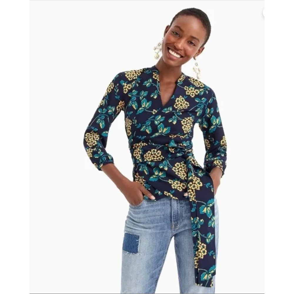 J.Crew XS Floral Blouse Top Long Sleeve Tie Neck Navy Blue Yellow Teal